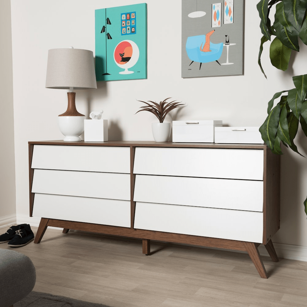 Hildon Mid - Century Modern White and Walnut Wood 6 - Drawer Storage Dresser - Mervyns