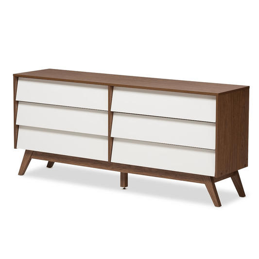 Hildon Mid - Century Modern White and Walnut Wood 6 - Drawer Storage Dresser - Mervyns