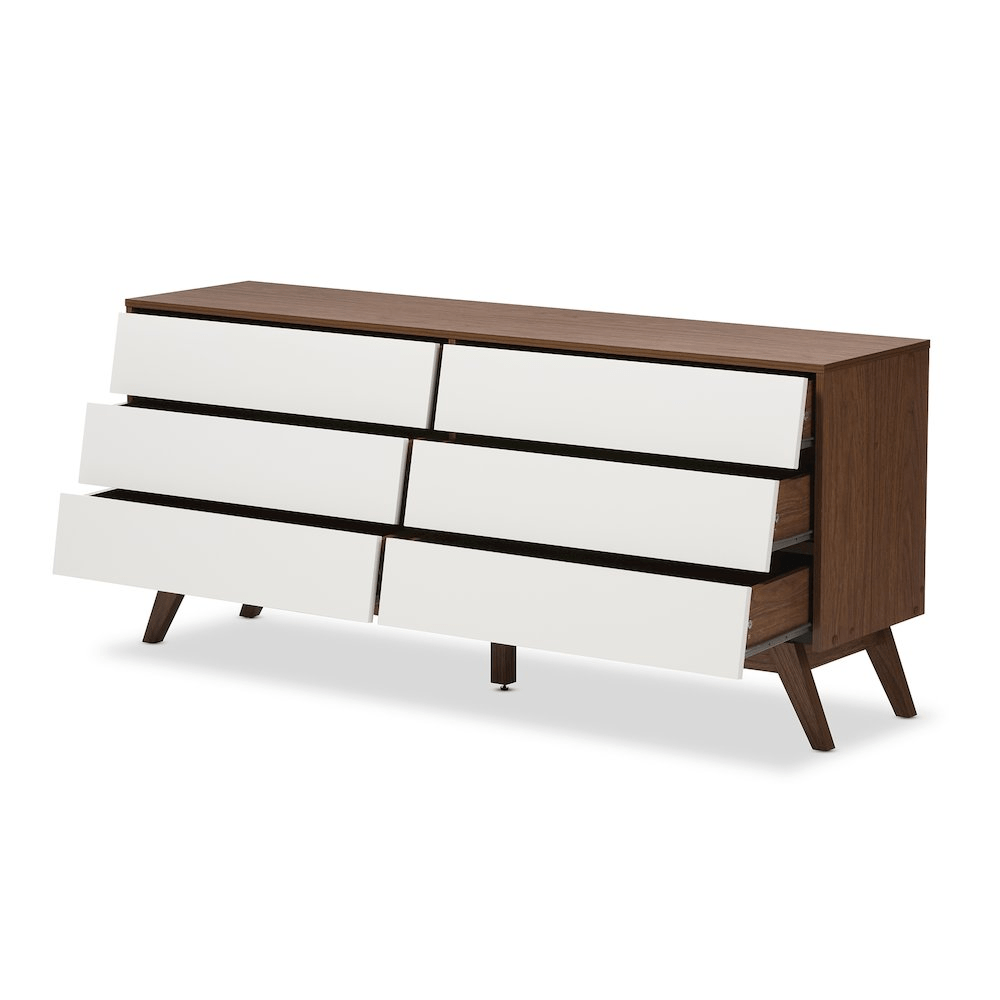 Hildon Mid - Century Modern White and Walnut Wood 6 - Drawer Storage Dresser - Mervyns