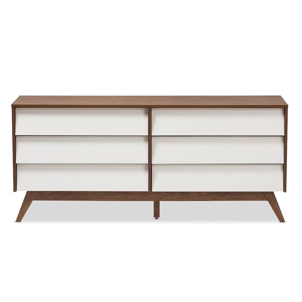 Hildon Mid - Century Modern White and Walnut Wood 6 - Drawer Storage Dresser - Mervyns