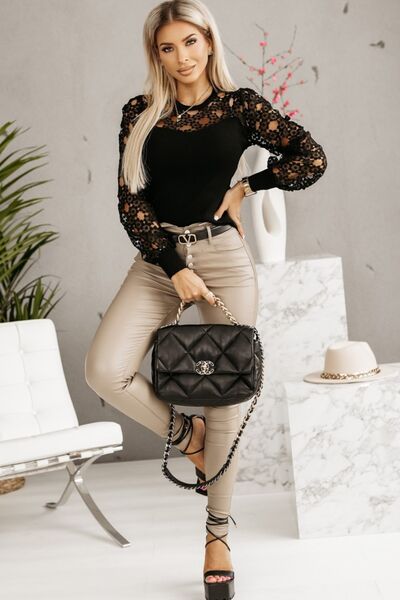 Hollowed Floral Lace Spliced Long Sleeve Blouse - Mervyns