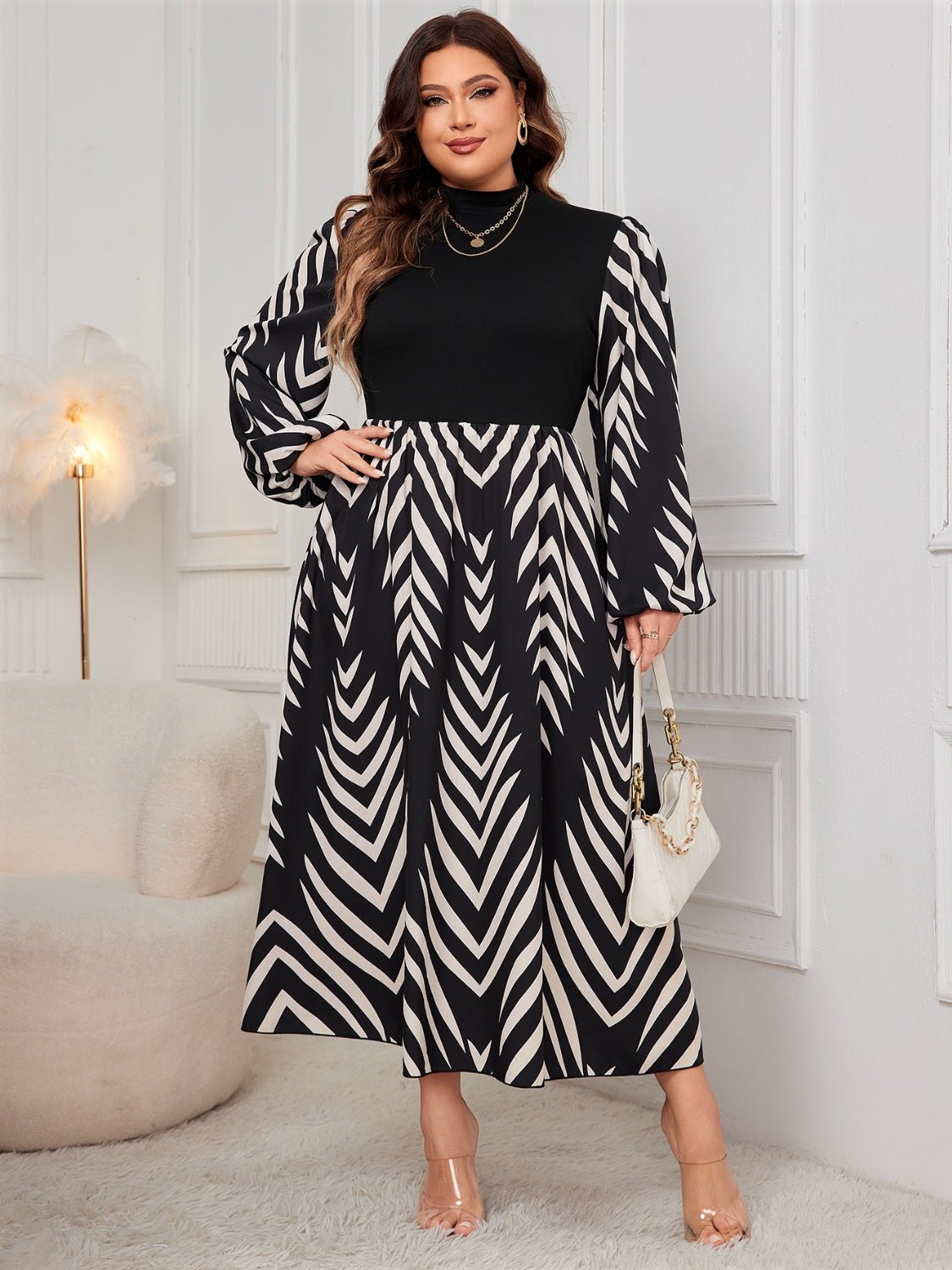 Honey Plus Size Printed Mock Neck Long Sleeve Midi Dress - Mervyns