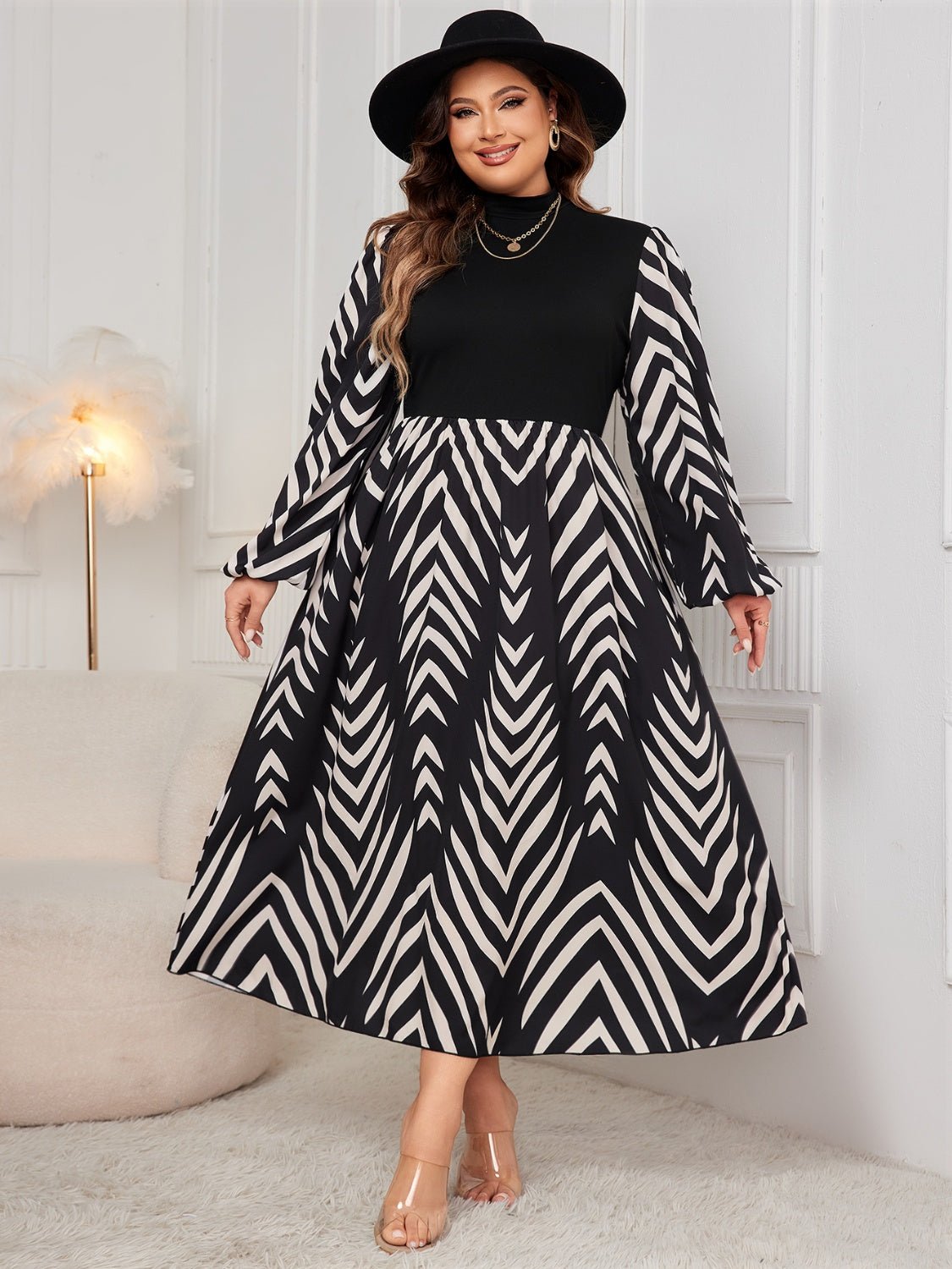 Honey Plus Size Printed Mock Neck Long Sleeve Midi Dress - Mervyns