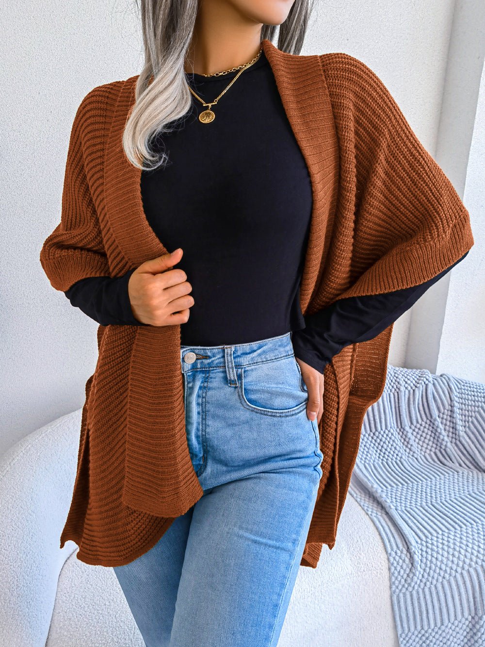 Horizontal Ribbing Open Front Slit Cardigan - Mervyns