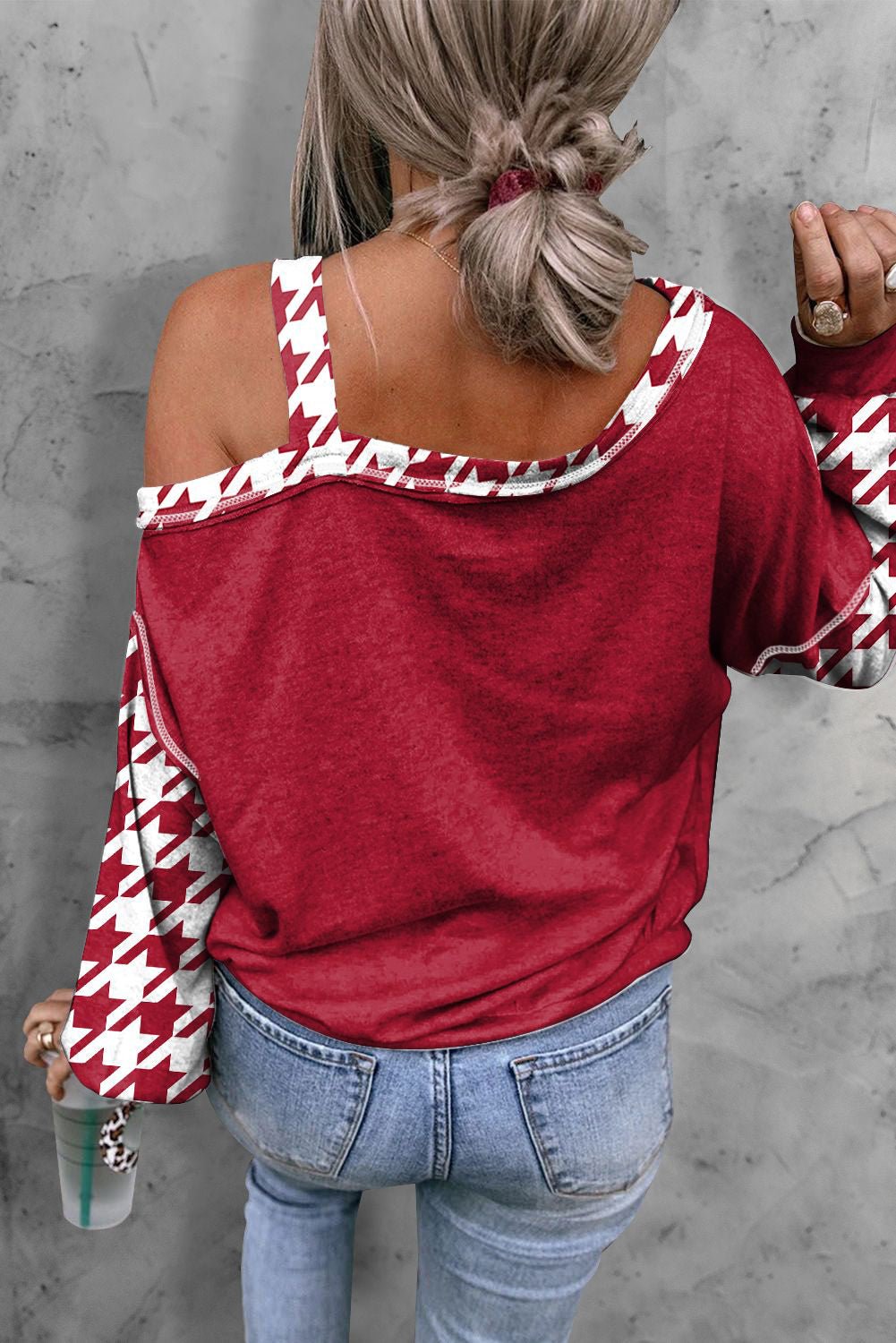 Houndstooth Long Sleeve Asymmetrical Neck Top - Mervyns