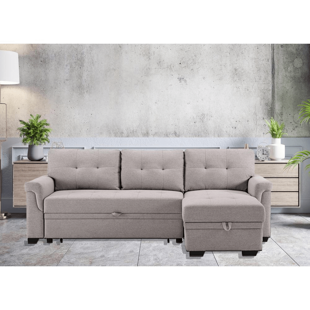 Hunter Light Gray Linen Reversible Sleeper Sectional Sofa with Storage Chaise - Mervyns