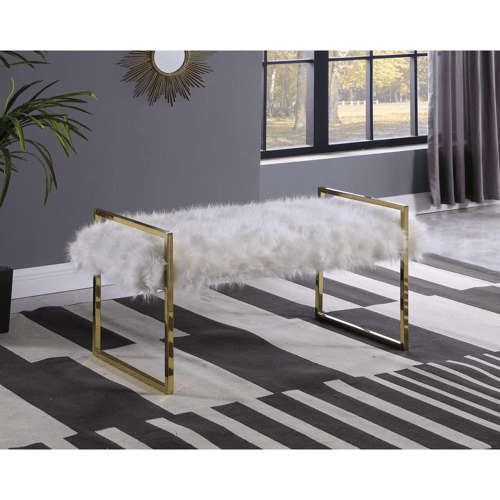 Jamie White Faux Fur Accent Bench with Gold Frame - Mervyns