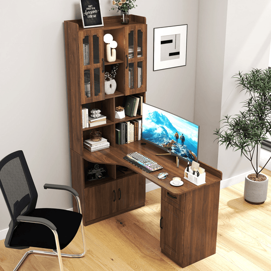 L-Shaped Corner Computer Desk for Home Office or Study desk, Study Modern Style Table with Drawers, Bookshelf & Hutch, 2-in-1 L-Shaped Design, Large Working Space - Mervyns
