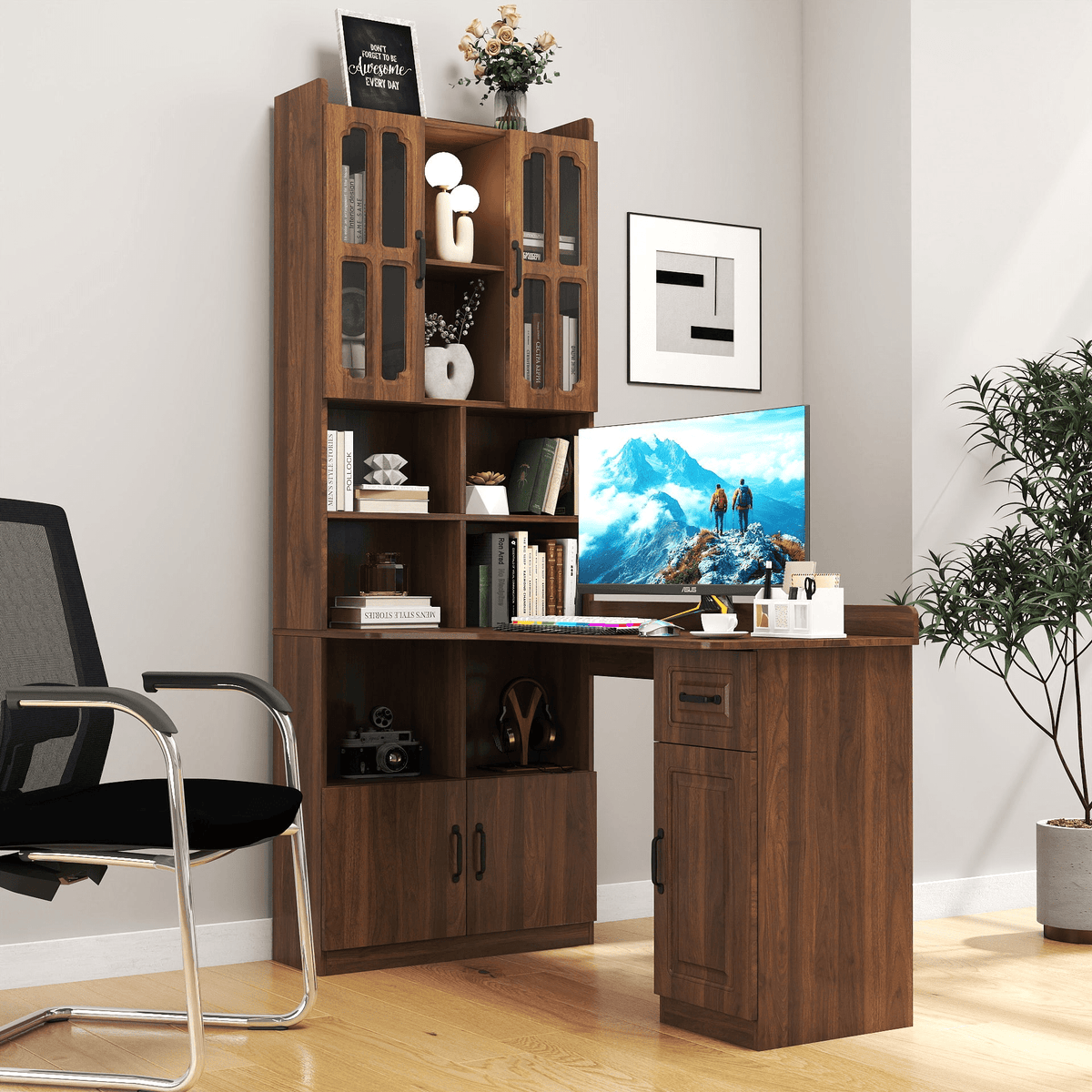 L-Shaped Corner Computer Desk for Home Office or Study desk, Study Modern Style Table with Drawers, Bookshelf & Hutch, 2-in-1 L-Shaped Design, Large Working Space - Mervyns