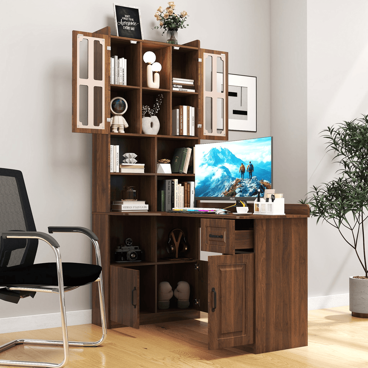 L-Shaped Corner Computer Desk for Home Office or Study desk, Study Modern Style Table with Drawers, Bookshelf & Hutch, 2-in-1 L-Shaped Design, Large Working Space - Mervyns