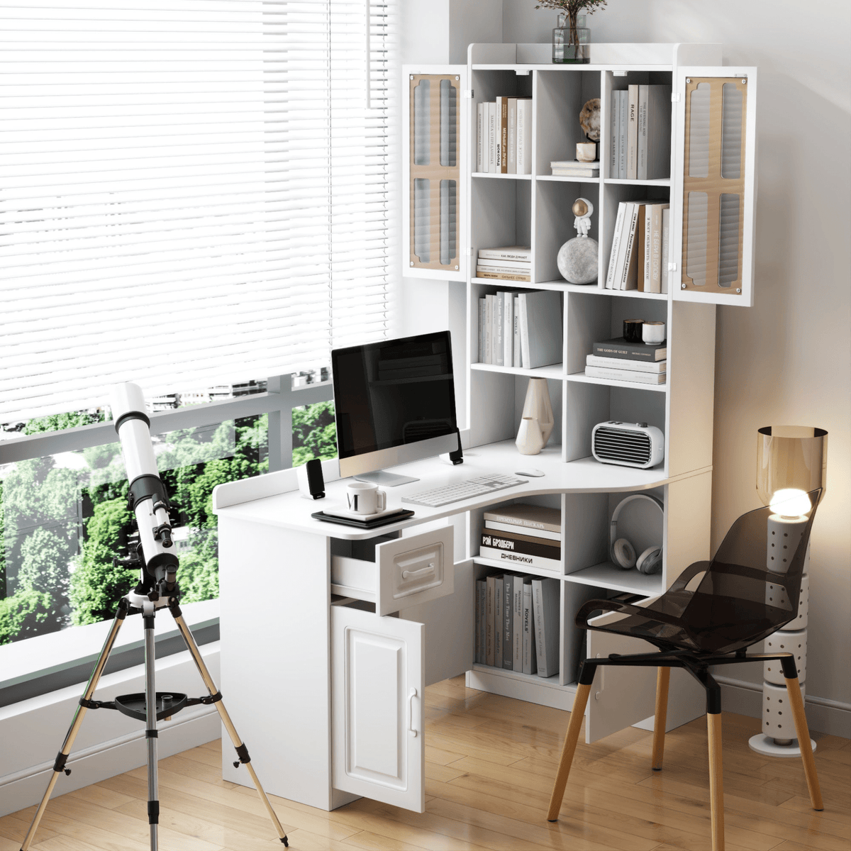 L-Shaped Corner Computer Desk for Home Office or Study desk, Study Modern Style Table with Drawers, Bookshelf & Hutch, 2-in-1 L-Shaped Design, Large Working Space,white - Mervyns