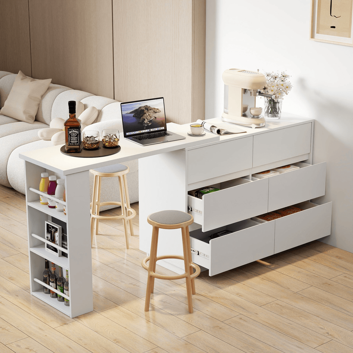 L-Shaped Desk and Vanity Combo with 6 Drawers, Extendable Tabletop, and Large Capacity Storage for Office and Bedroom Makeup - Mervyns
