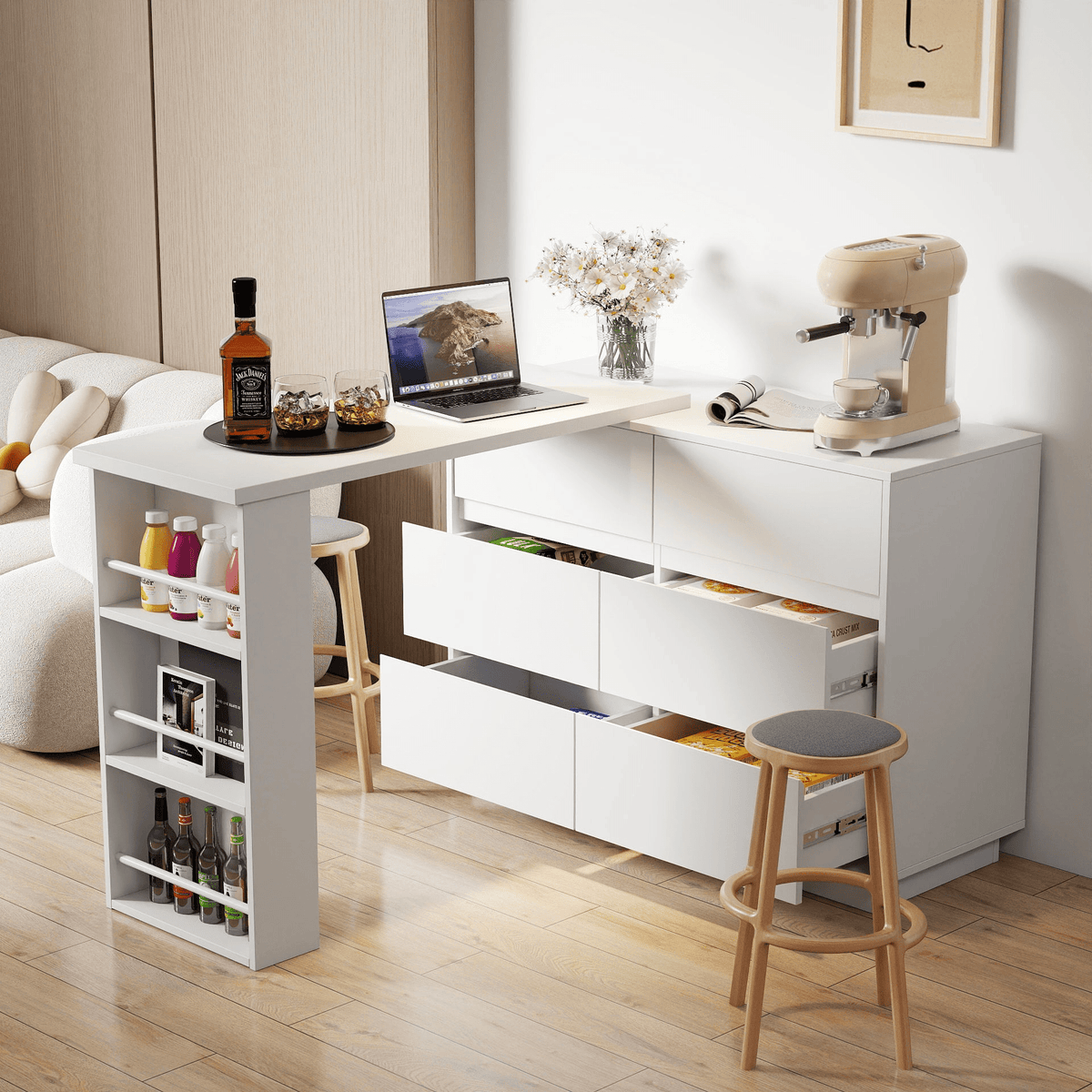L-Shaped Desk and Vanity Combo with 6 Drawers, Extendable Tabletop, and Large Capacity Storage for Office and Bedroom Makeup - Mervyns