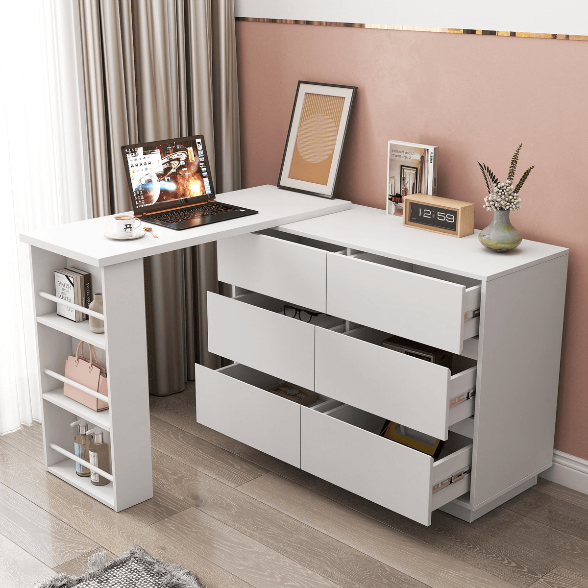 L-Shaped Desk and Vanity Combo with 6 Drawers, Extendable Tabletop, and Large Capacity Storage for Office and Bedroom Makeup - Mervyns