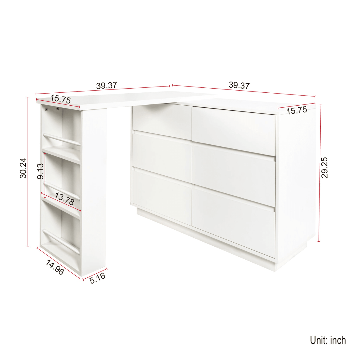 L-Shaped Desk and Vanity Combo with 6 Drawers, Extendable Tabletop, and Large Capacity Storage for Office and Bedroom Makeup - Mervyns