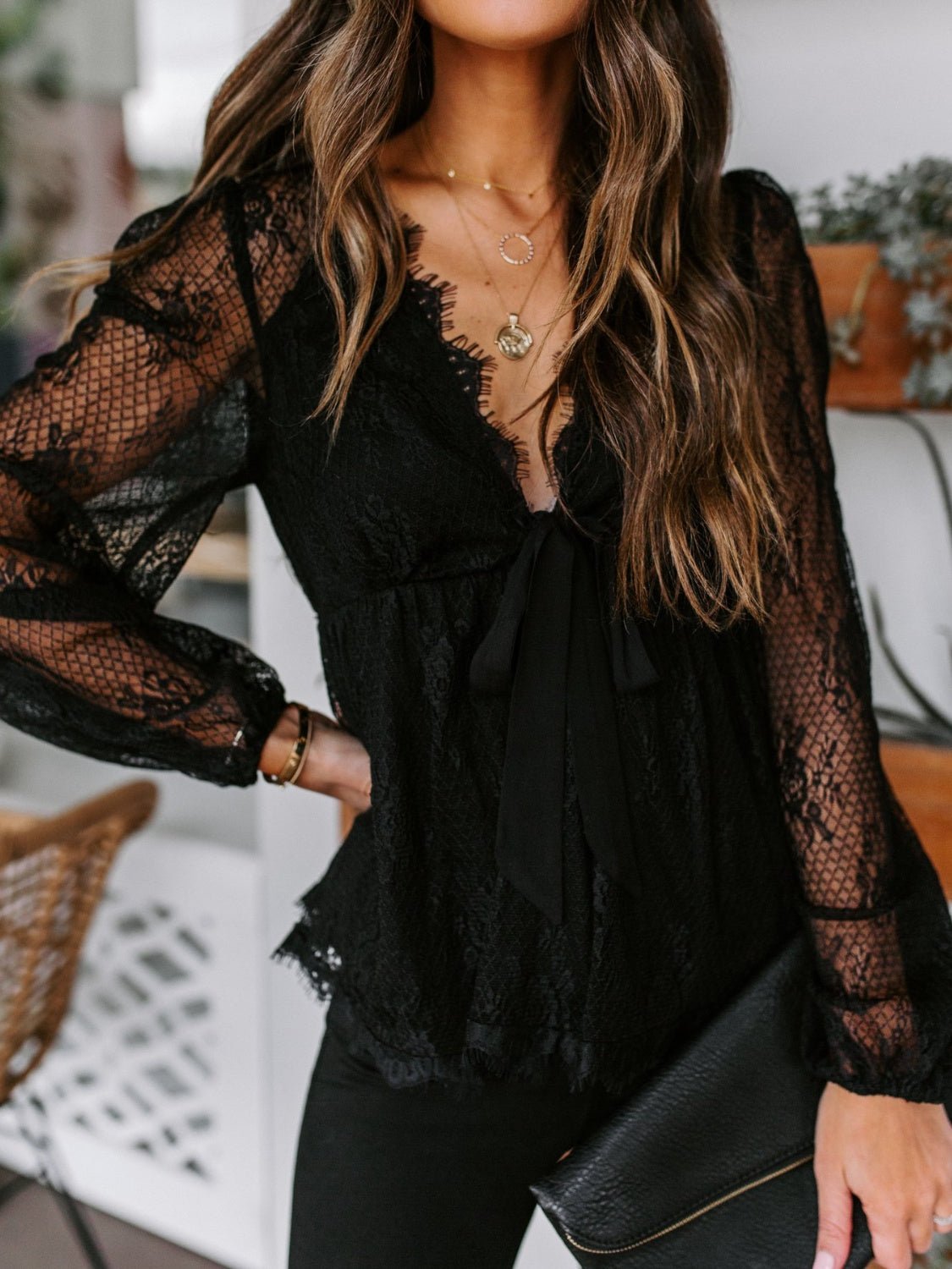 Lace Detail Plunge Long Sleeve Blouse - Mervyns