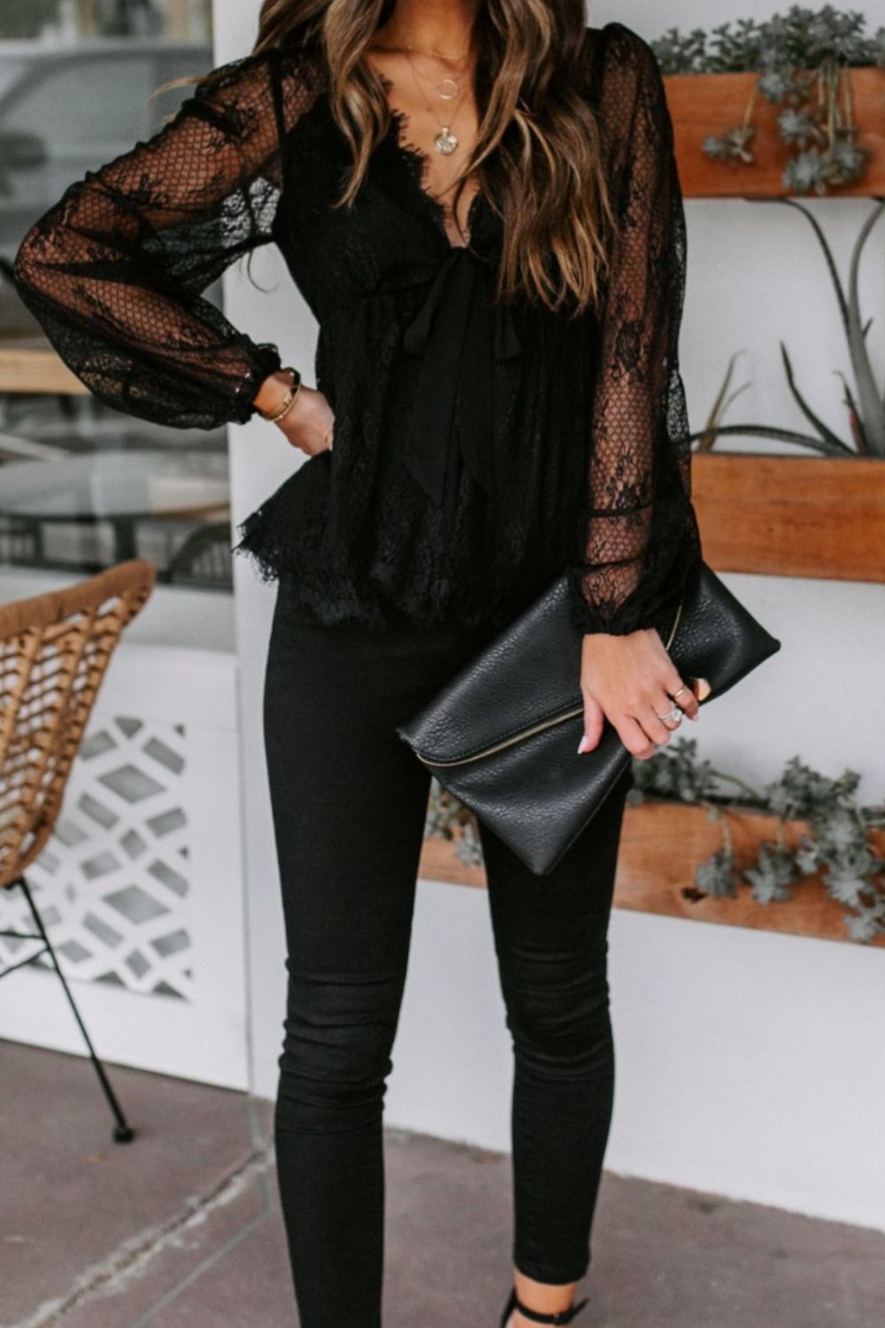 Lace Detail Plunge Long Sleeve Blouse - Mervyns