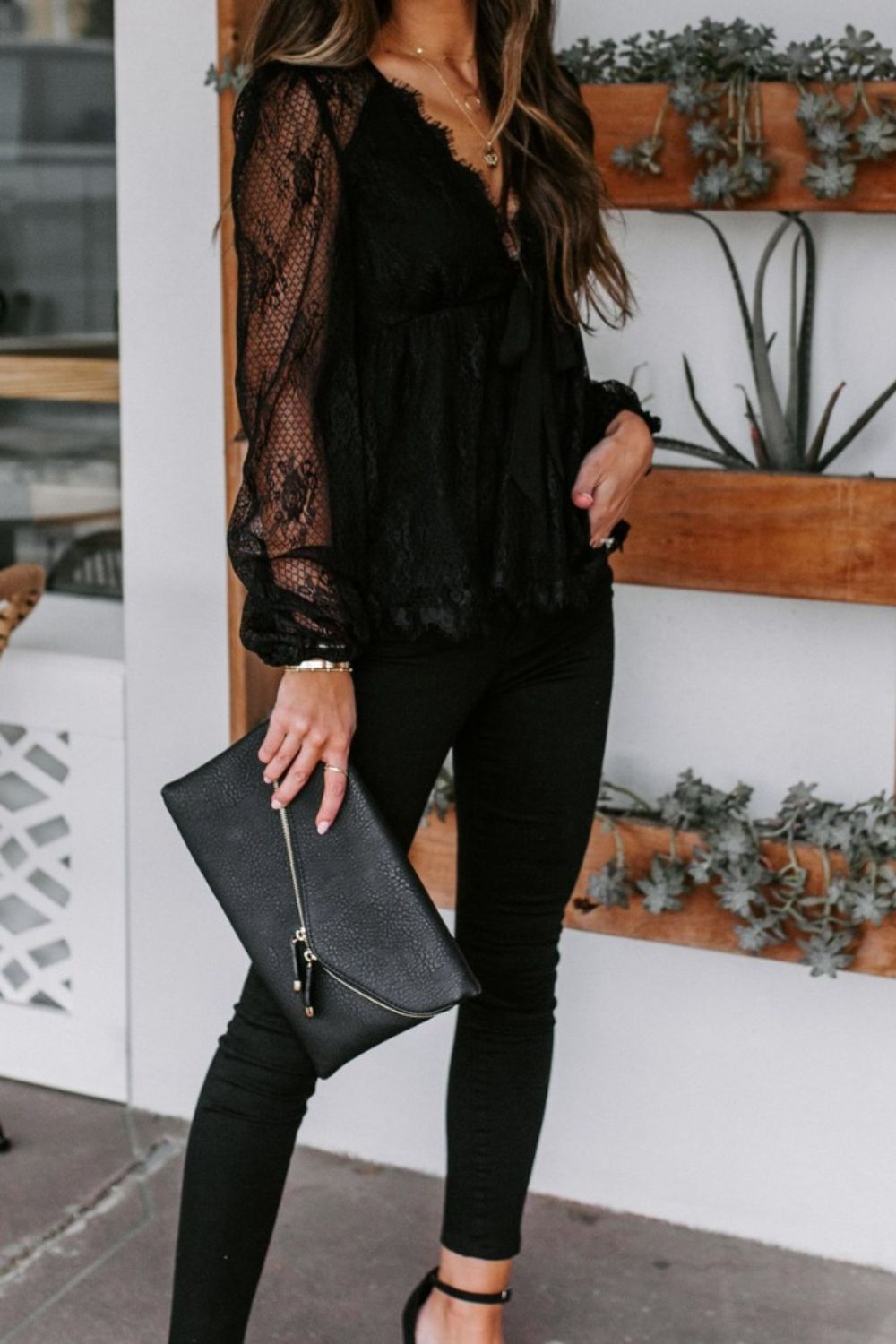 Lace Detail Plunge Long Sleeve Blouse - Mervyns