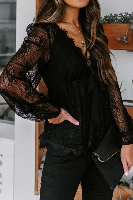 Lace Detail Plunge Long Sleeve Blouse - Mervyns