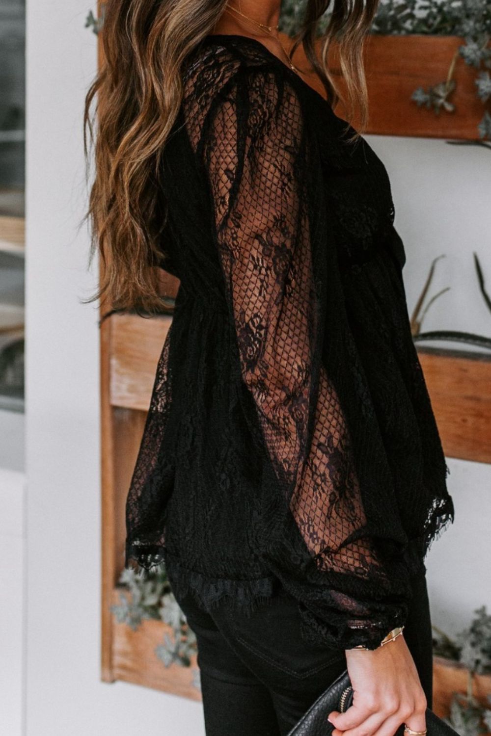 Lace Detail Plunge Long Sleeve Blouse - Mervyns