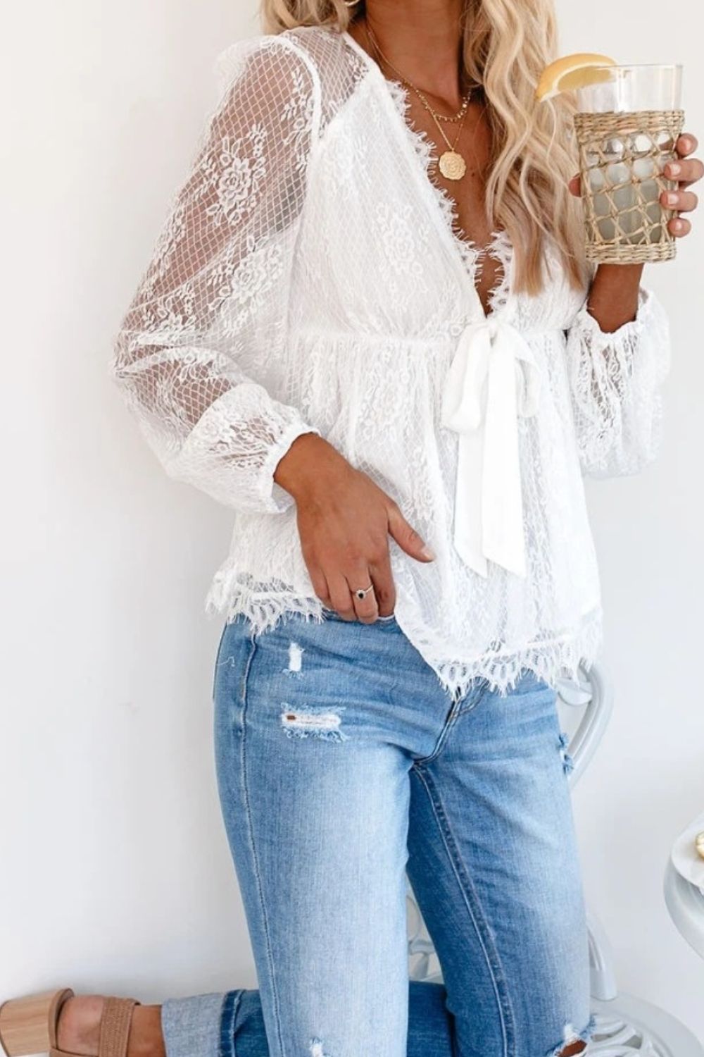 Lace Detail Plunge Long Sleeve Blouse - Mervyns