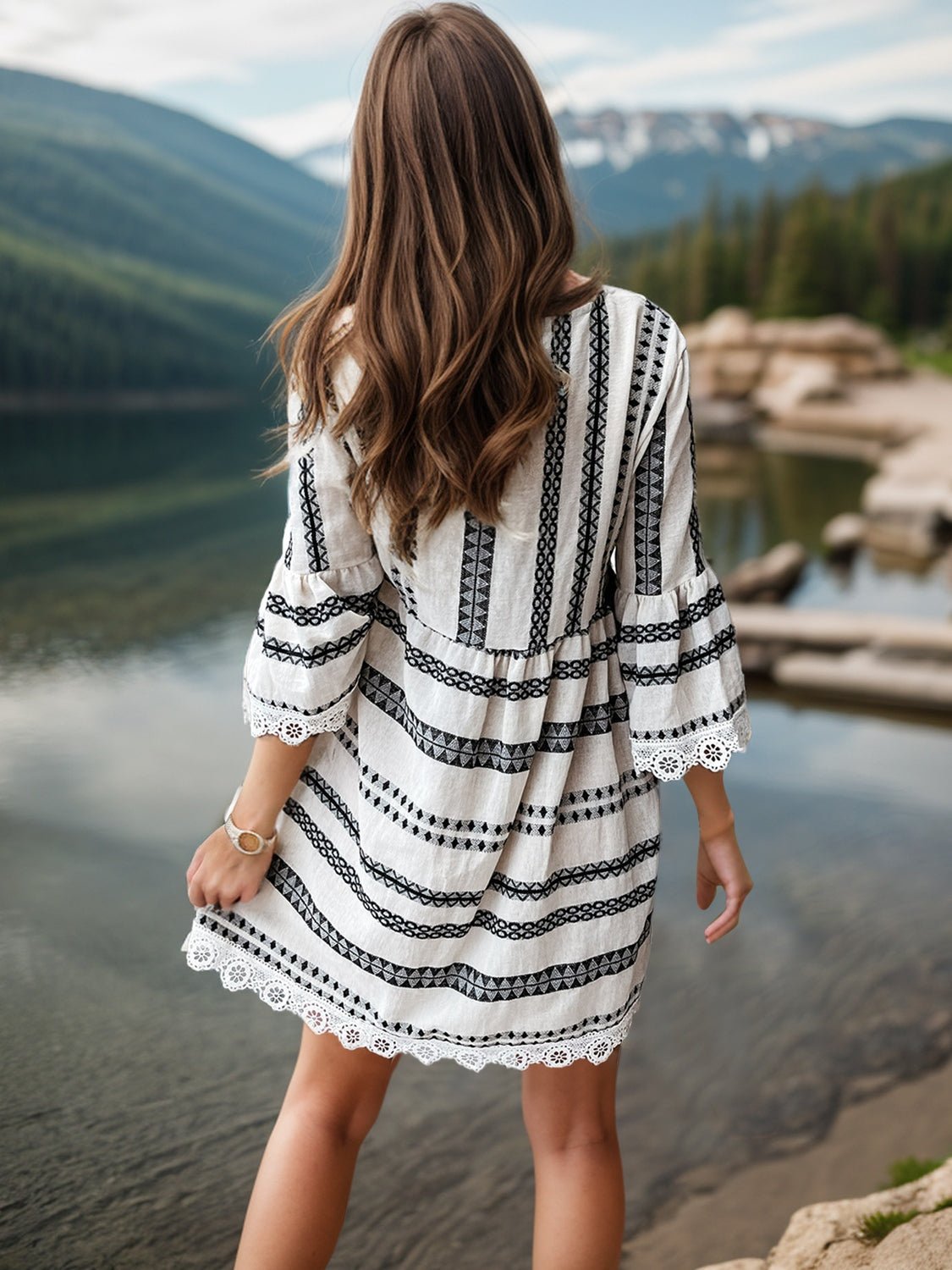 Lace Detail Printed Three - Quarter Sleeve Dress - Mervyns