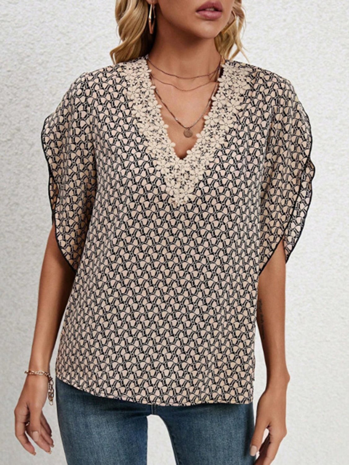 Lace Detail Printed V - Neck Half Sleeve Blouse - Mervyns