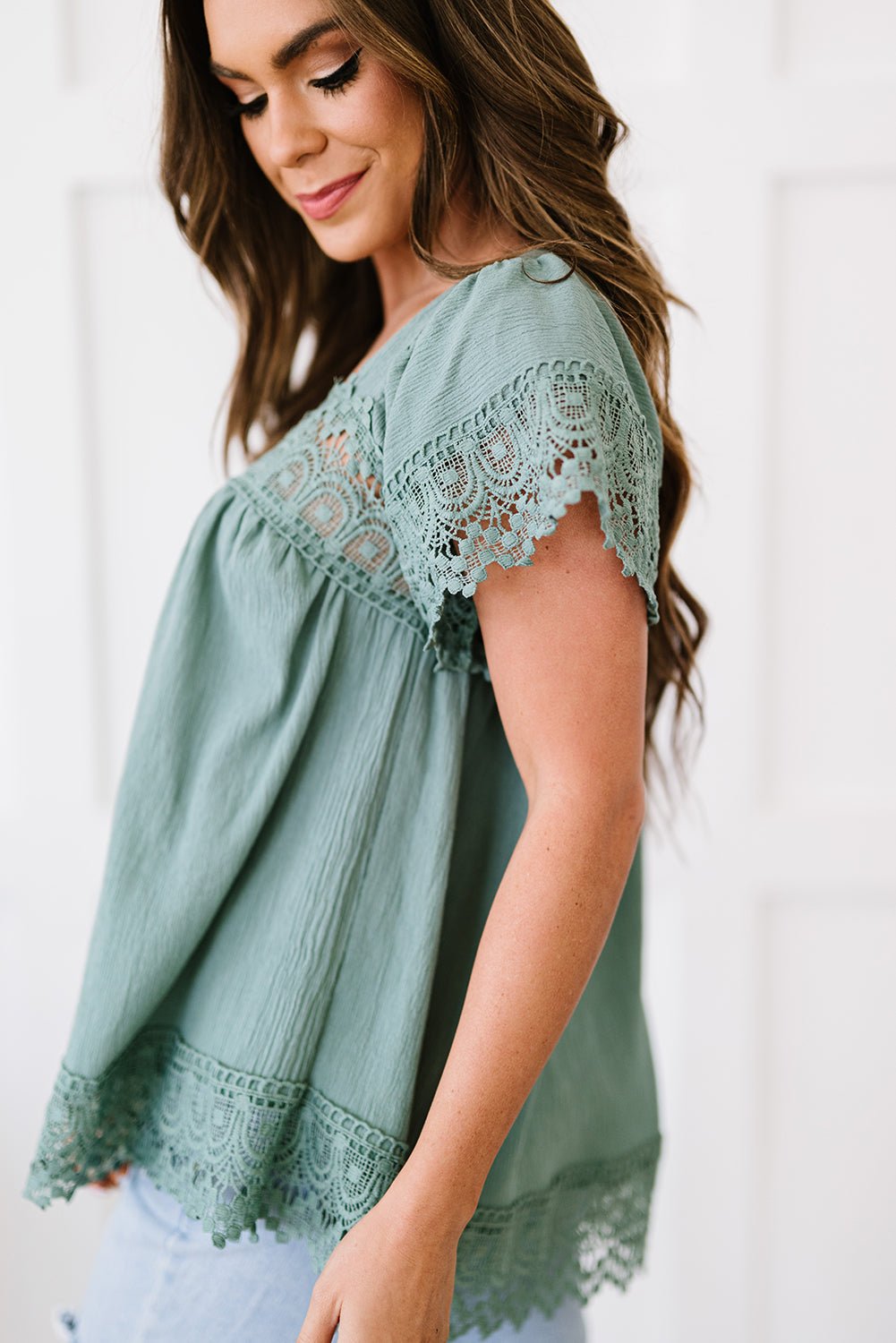 Lace Detail Square Neck Short Sleeve Blouse - Mervyns