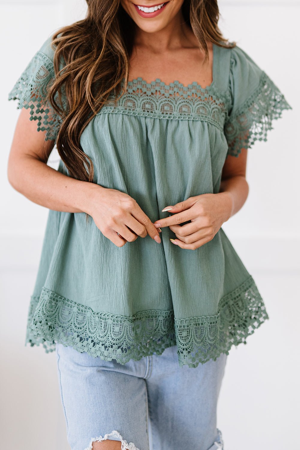 Lace Detail Square Neck Short Sleeve Blouse - Mervyns