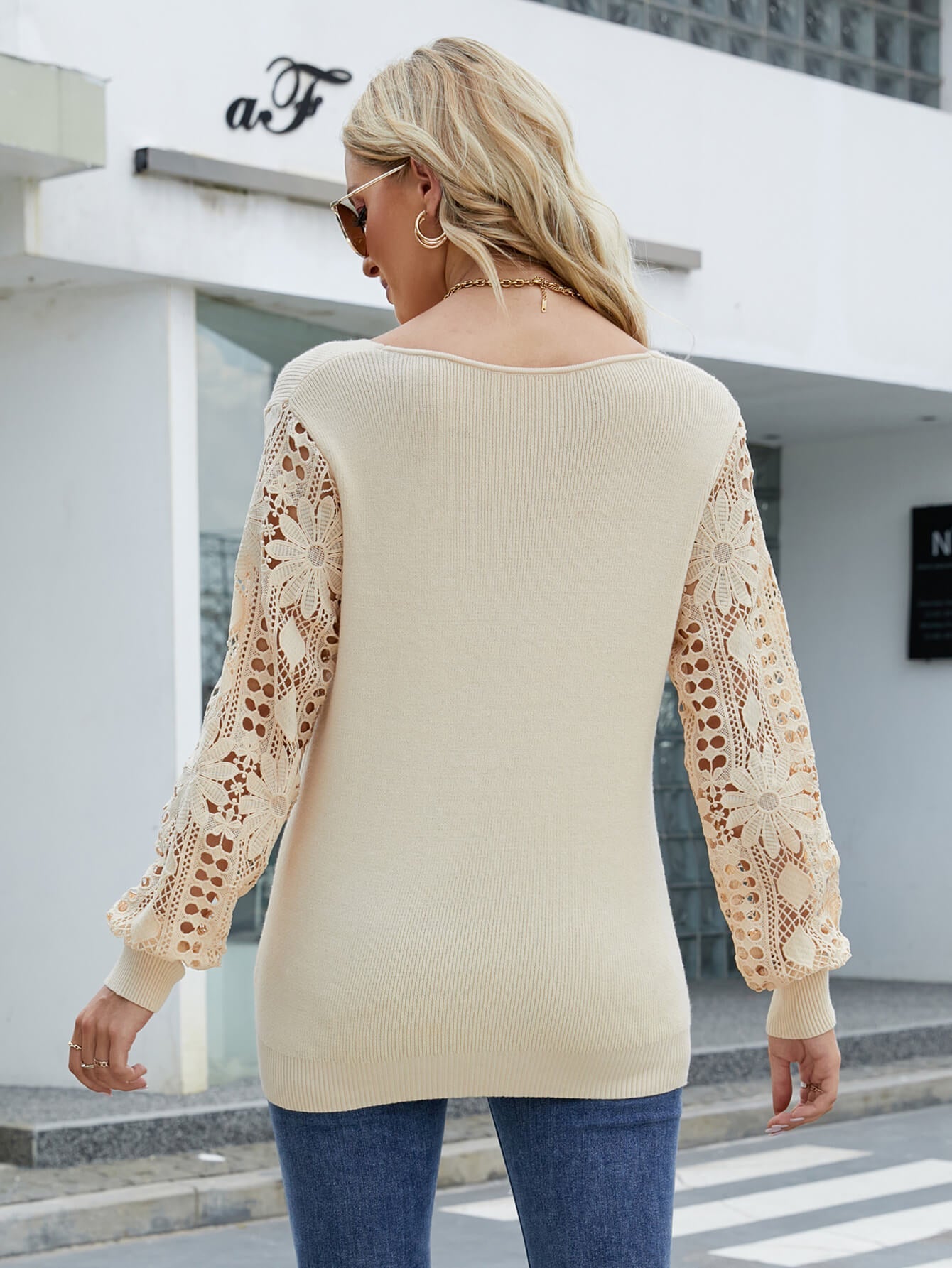 Lace Sleeve Ribbed Trim V - Neck Sweater - Mervyns