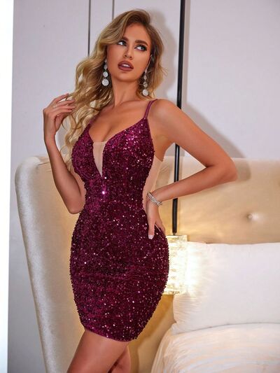 Lace-Up Sequin Plunge Sleeveless Dress - Mervyns