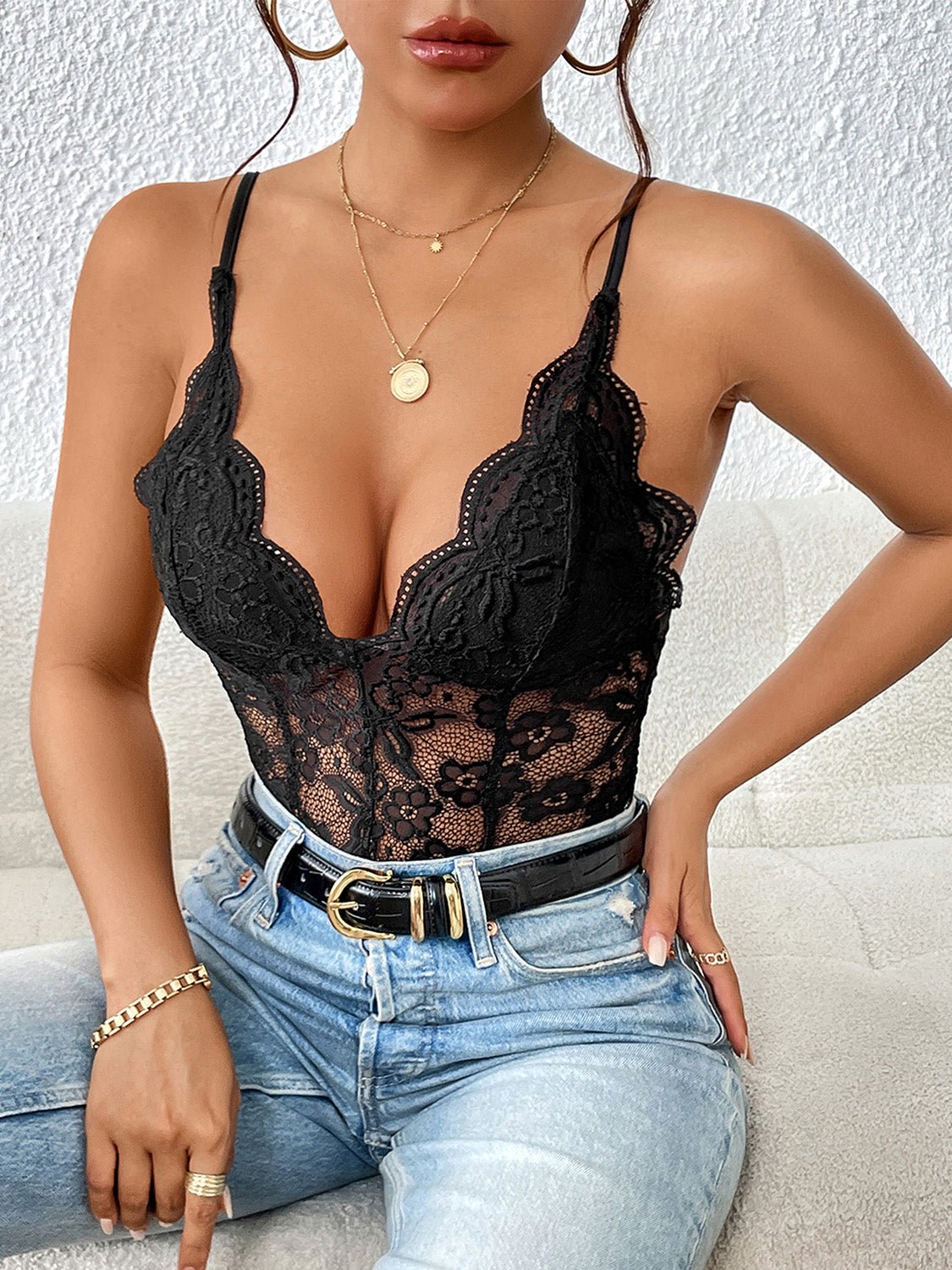 Lace V - Neck Spaghetti Strap Bodysuit - Mervyns