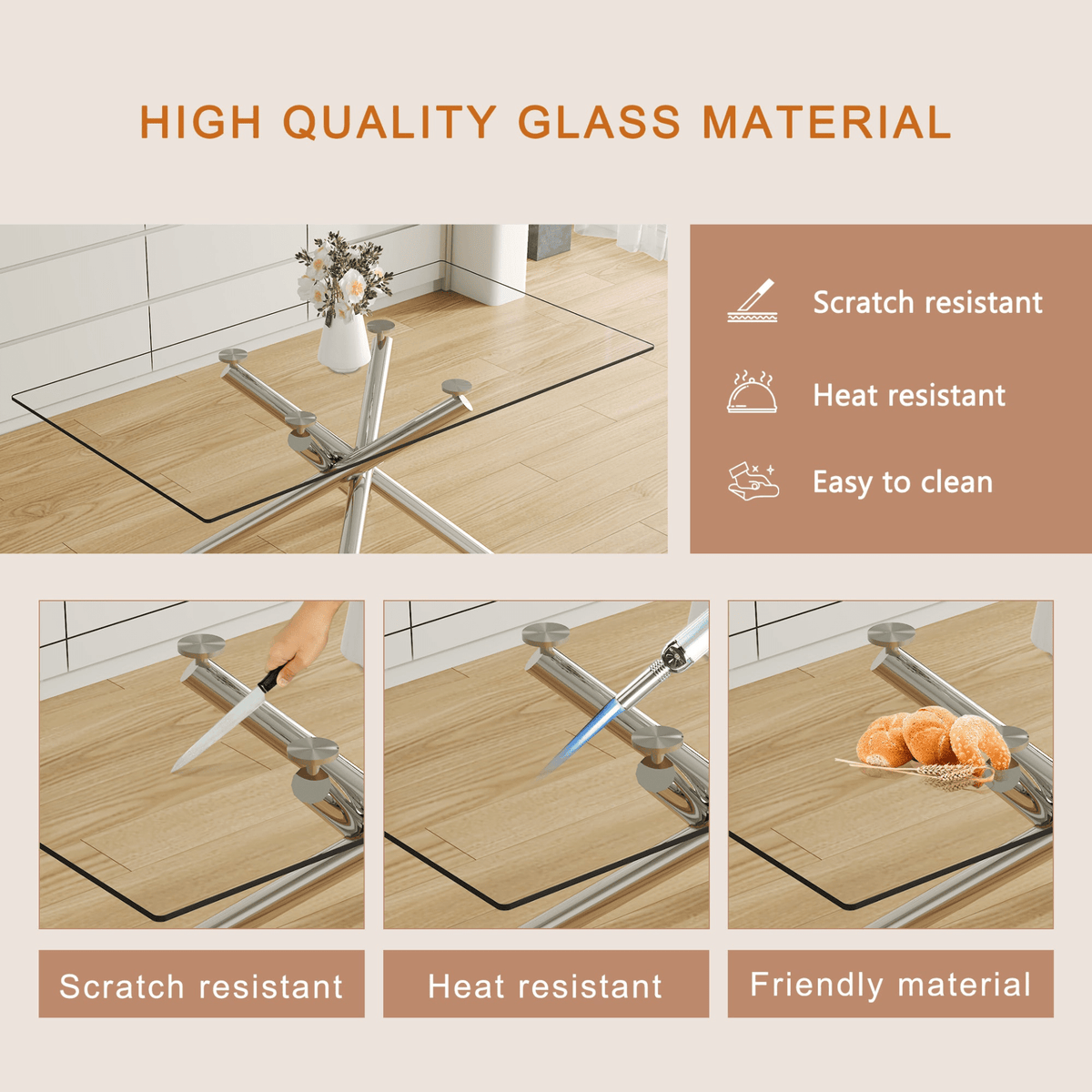 Large Modern Minimalist Rectangular Glass Dining Table with 0.39' Tempered Glass Tabletop and Silver Chrome Metal Legs, for Kitchen Dining Living Meeting Room Banquet hall,63''x35''x 29''W1151S00191 - Mervyns