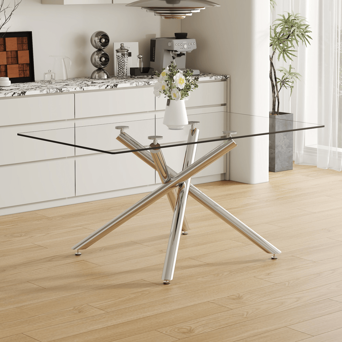Large Modern Minimalist Rectangular Glass Dining Table with 0.39' Tempered Glass Tabletop and Silver Chrome Metal Legs, for Kitchen Dining Living Meeting Room Banquet hall,63''x35''x 29''W1151S00191 - Mervyns