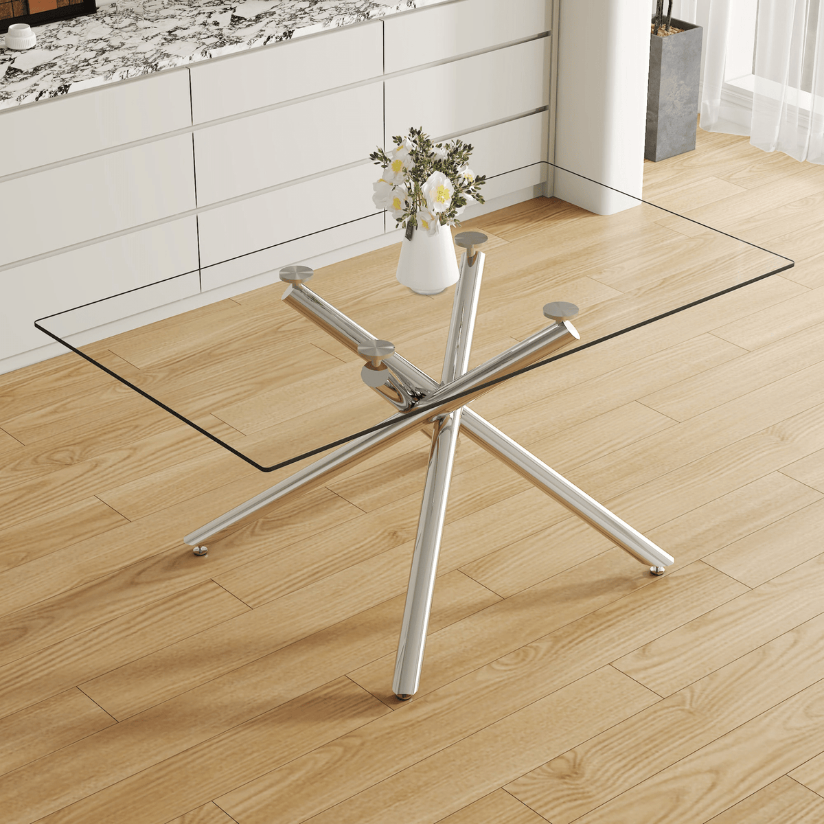 Large Modern Minimalist Rectangular Glass Dining Table with 0.39' Tempered Glass Tabletop and Silver Chrome Metal Legs, for Kitchen Dining Living Meeting Room Banquet hall,63''x35''x 29''W1151S00191 - Mervyns