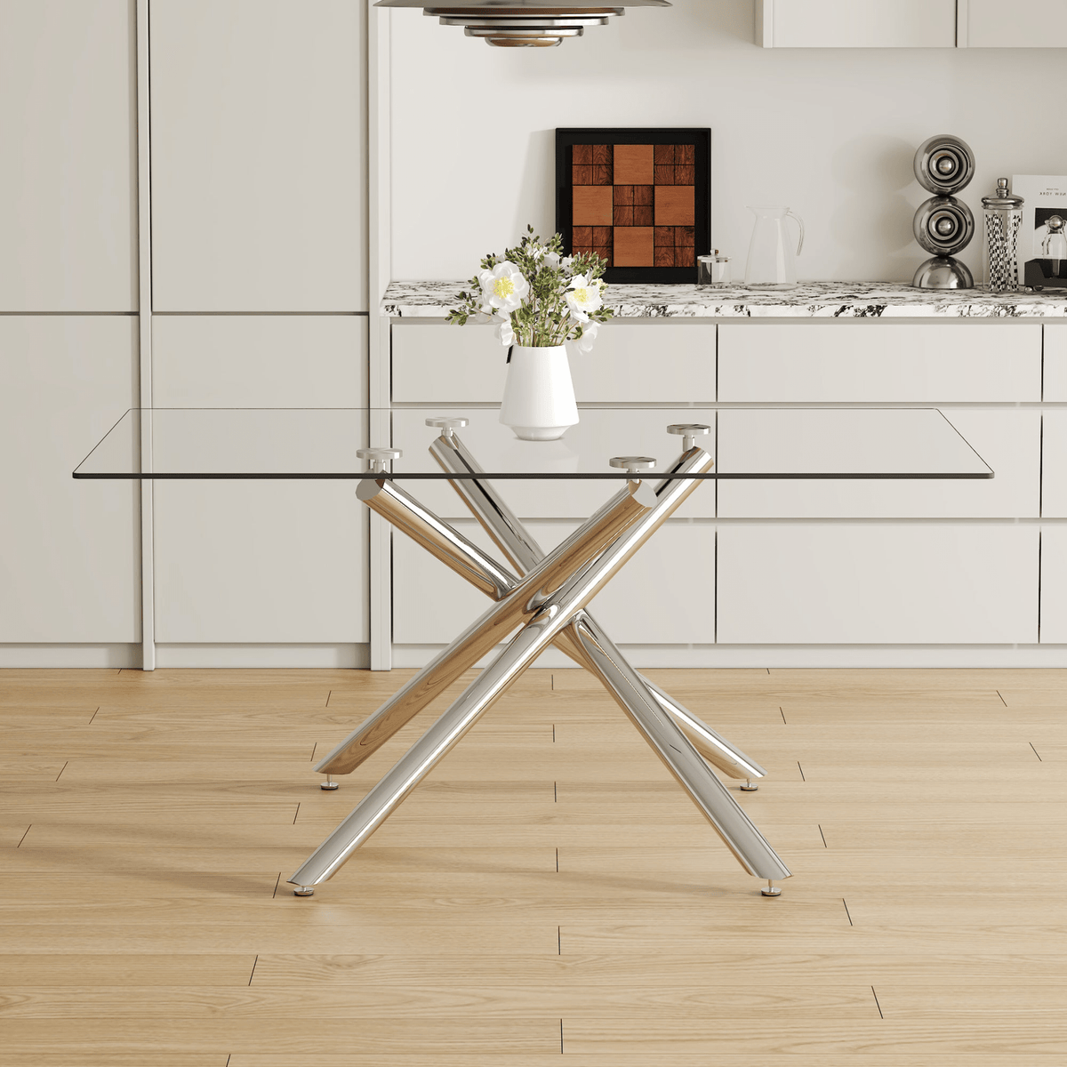 Large Modern Minimalist Rectangular Glass Dining Table with 0.39' Tempered Glass Tabletop and Silver Chrome Metal Legs, for Kitchen Dining Living Meeting Room Banquet hall,63''x35''x 29''W1151S00191 - Mervyns