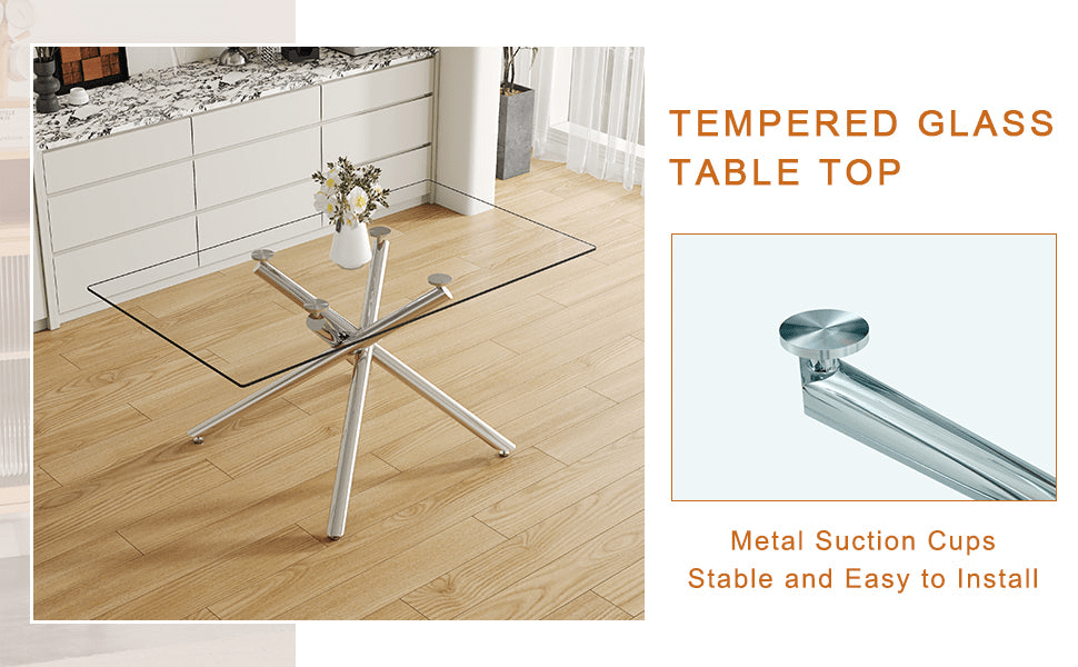 Large Modern Minimalist Rectangular Glass Dining Table with 0.39' Tempered Glass Tabletop and Silver Chrome Metal Legs, for Kitchen Dining Living Meeting Room Banquet hall,63''x35''x 29''W1151S00191 - Mervyns