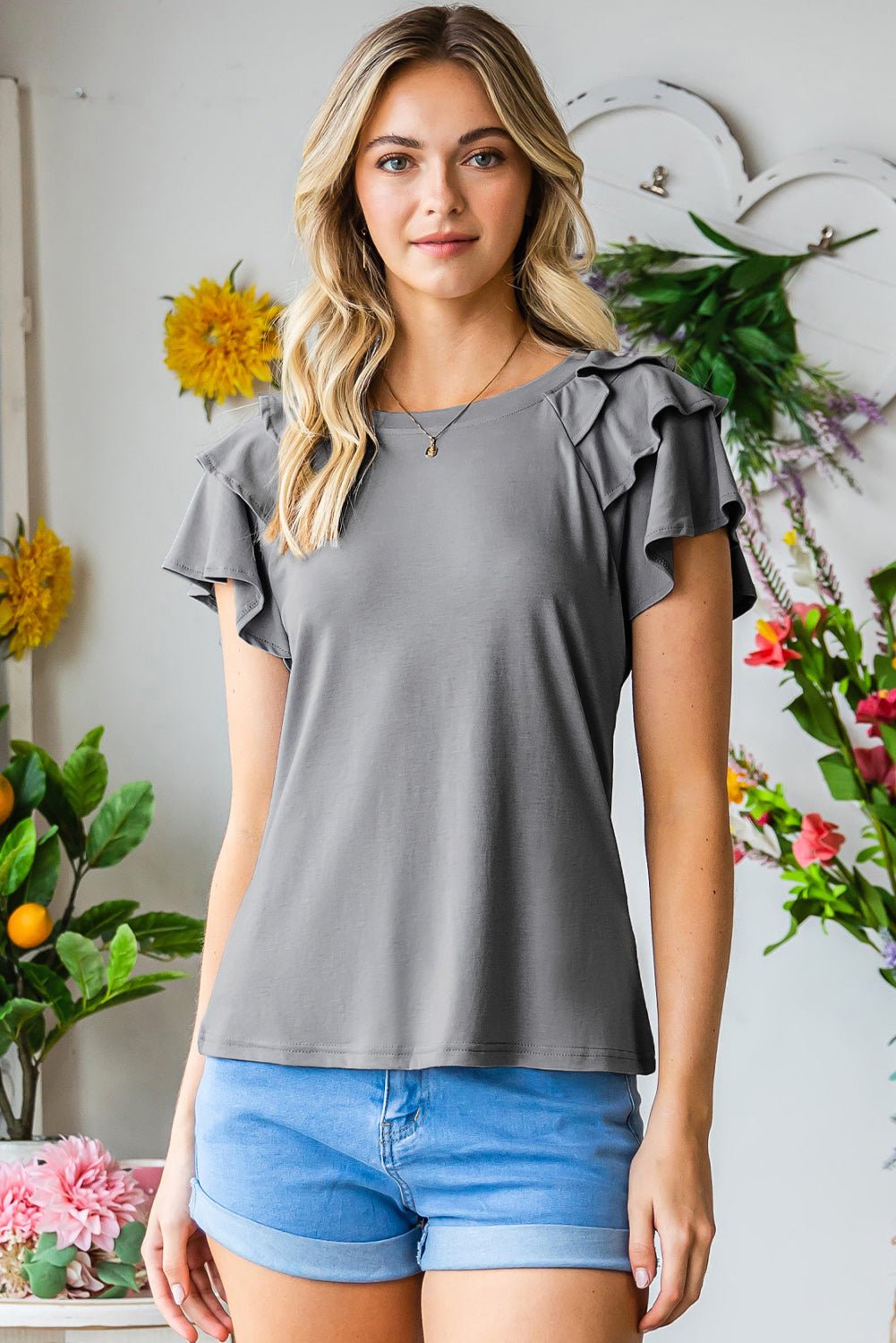 Layered Flutter Sleeve Round Neck Top - Mervyns