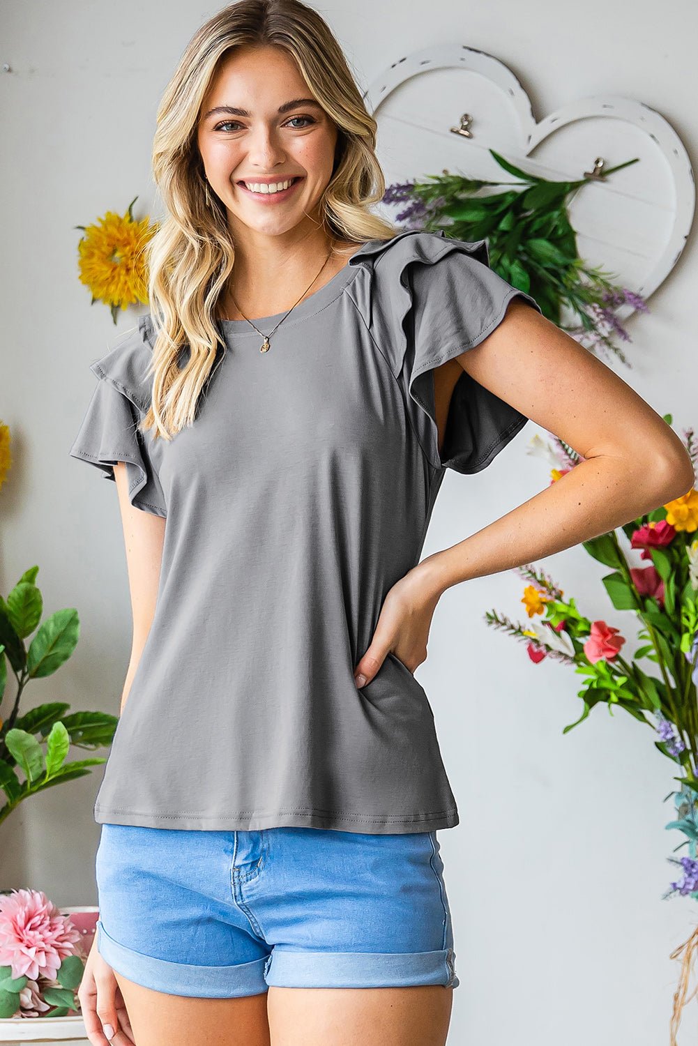 Layered Flutter Sleeve Round Neck Top - Mervyns