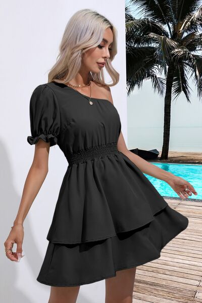 Layered Single Shoulder Flounce Sleeve Mini Dress - Mervyns