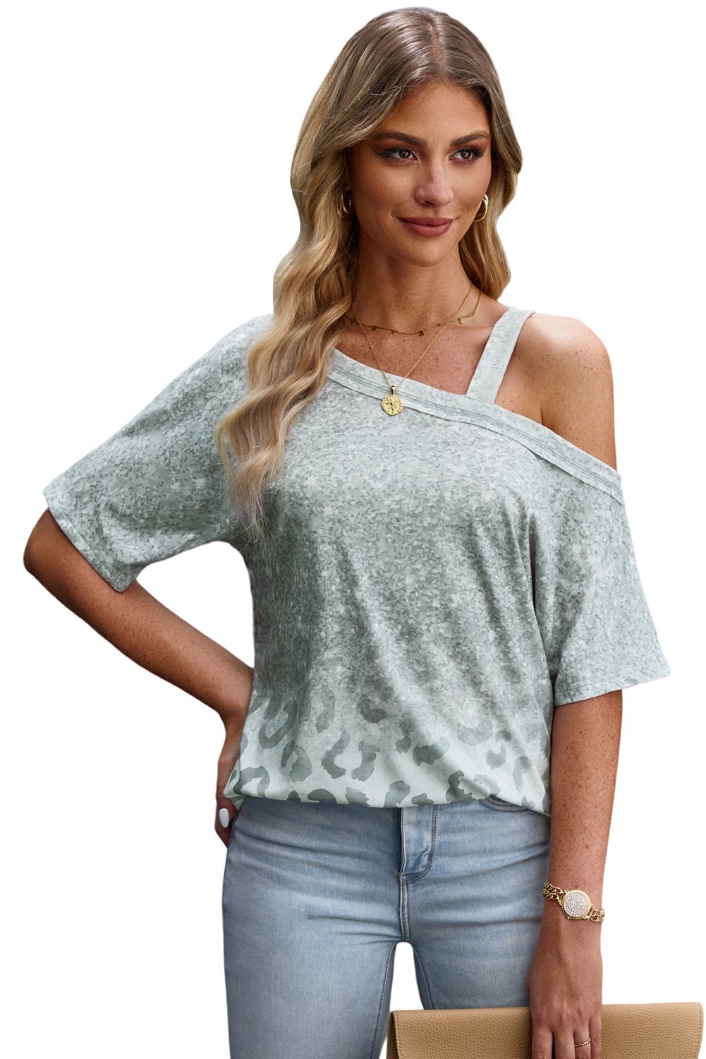 Leopard Asymmetrical Neck Cold - Shoulder Blouse - Mervyns