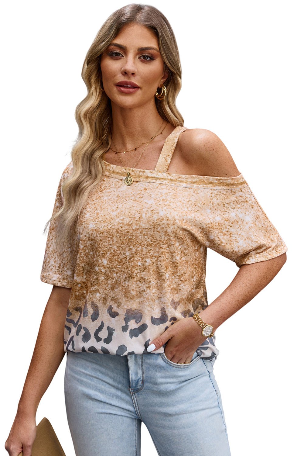 Leopard Asymmetrical Neck Cold - Shoulder Blouse - Mervyns