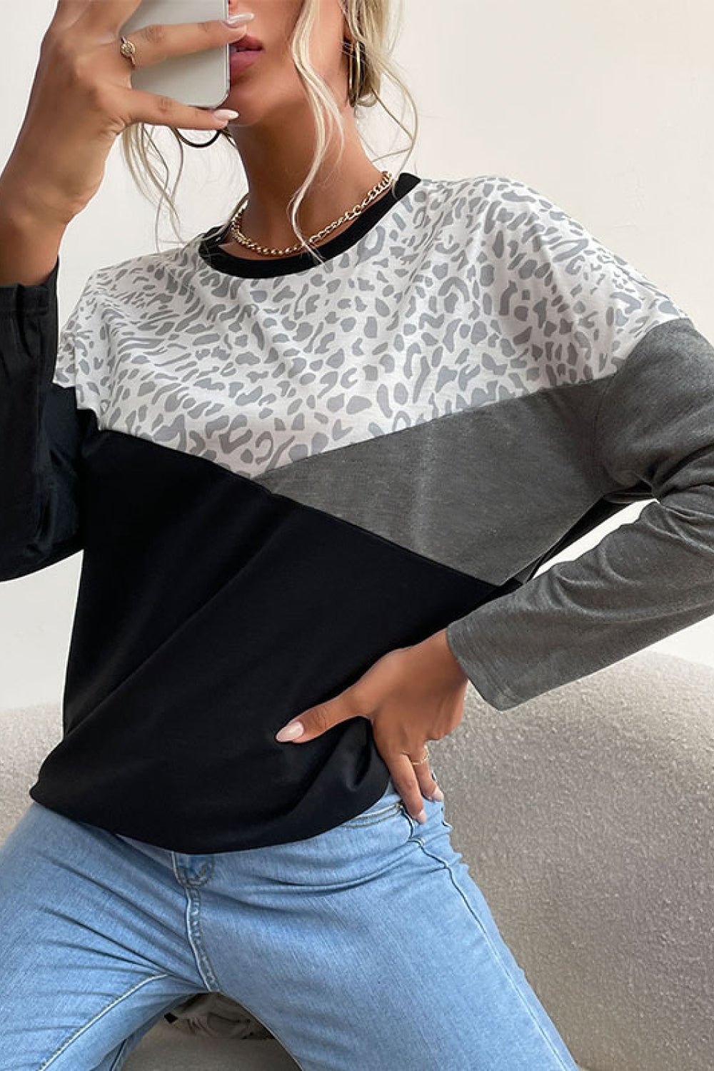 Leopard Color Block Pullover - Mervyns