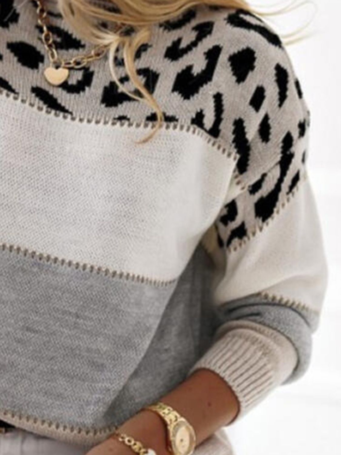 Leopard Color Block Round Neck Long Sleeve Sweater - Mervyns