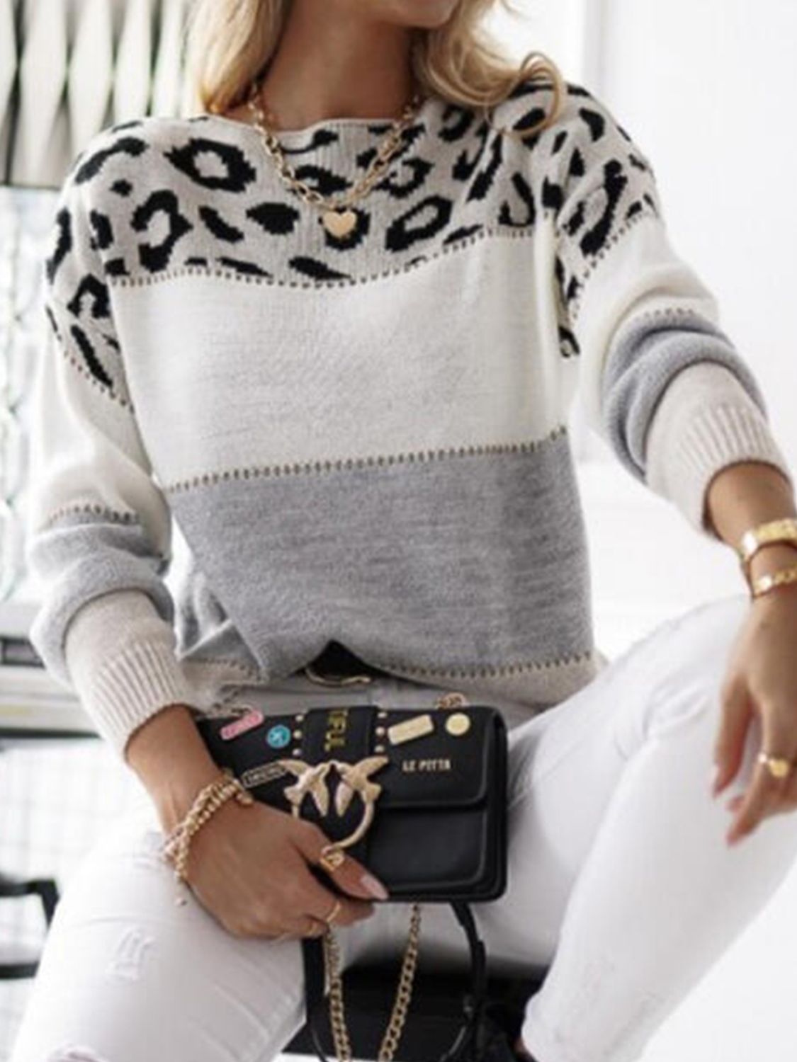 Leopard Color Block Round Neck Long Sleeve Sweater - Mervyns