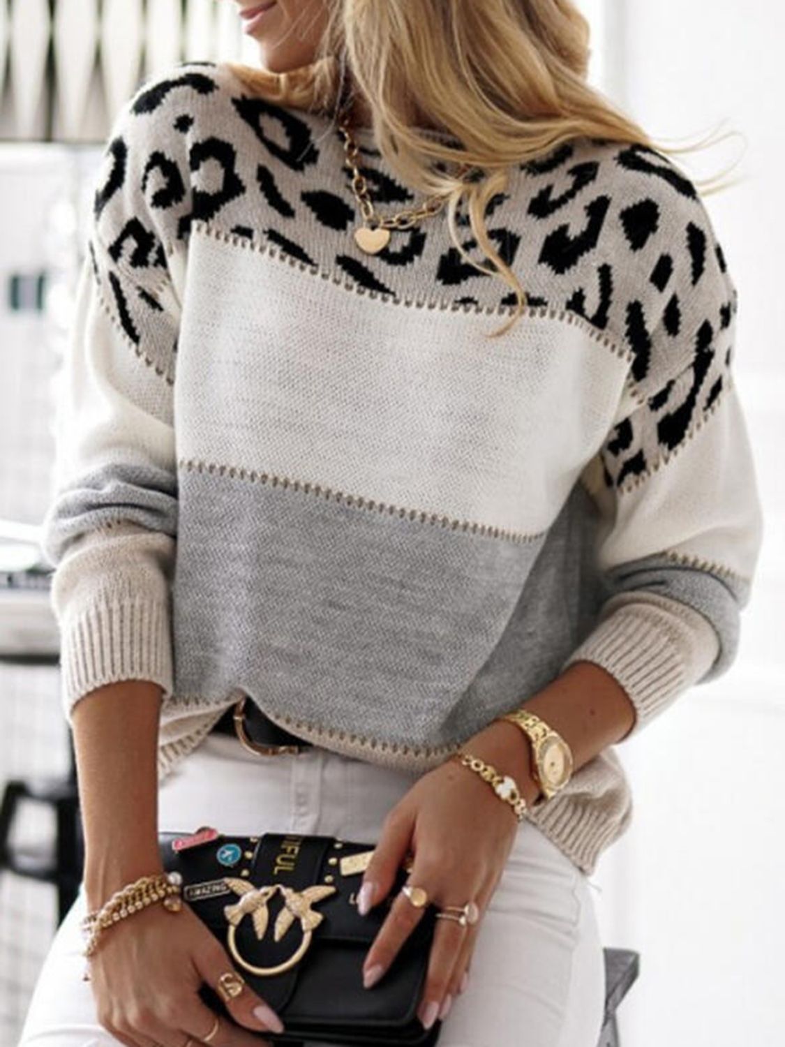 Leopard Color Block Round Neck Long Sleeve Sweater - Mervyns