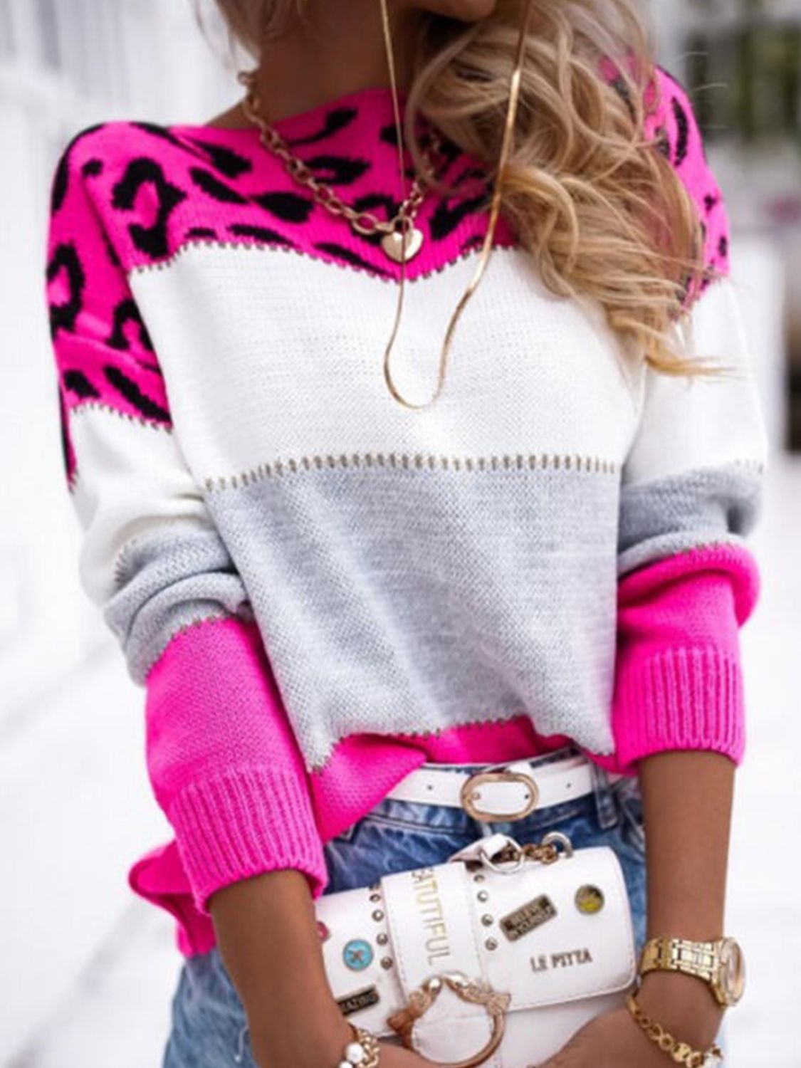 Leopard Color Block Round Neck Long Sleeve Sweater - Mervyns