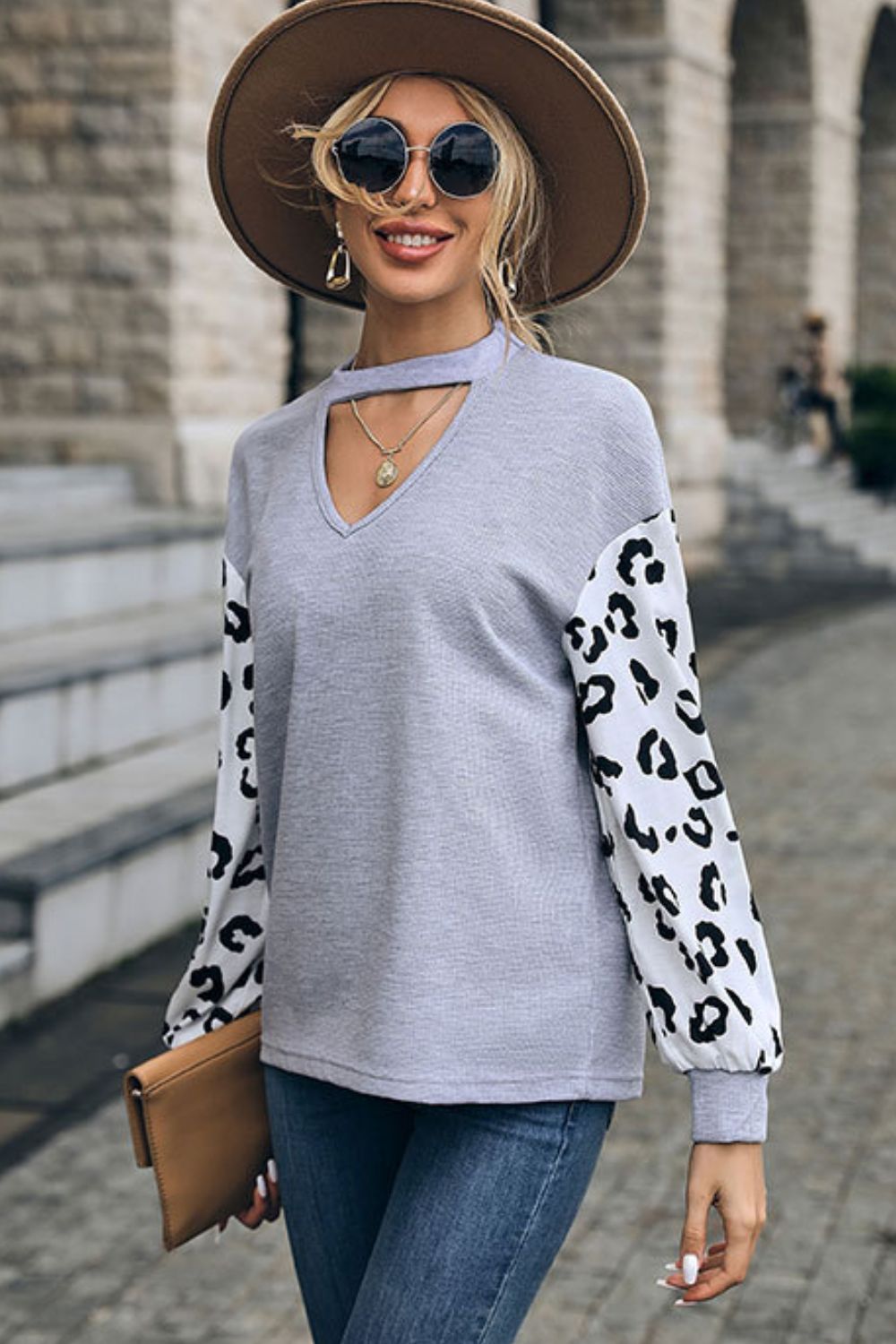 Leopard Print Cutout Long Sleeve Tee - Mervyns