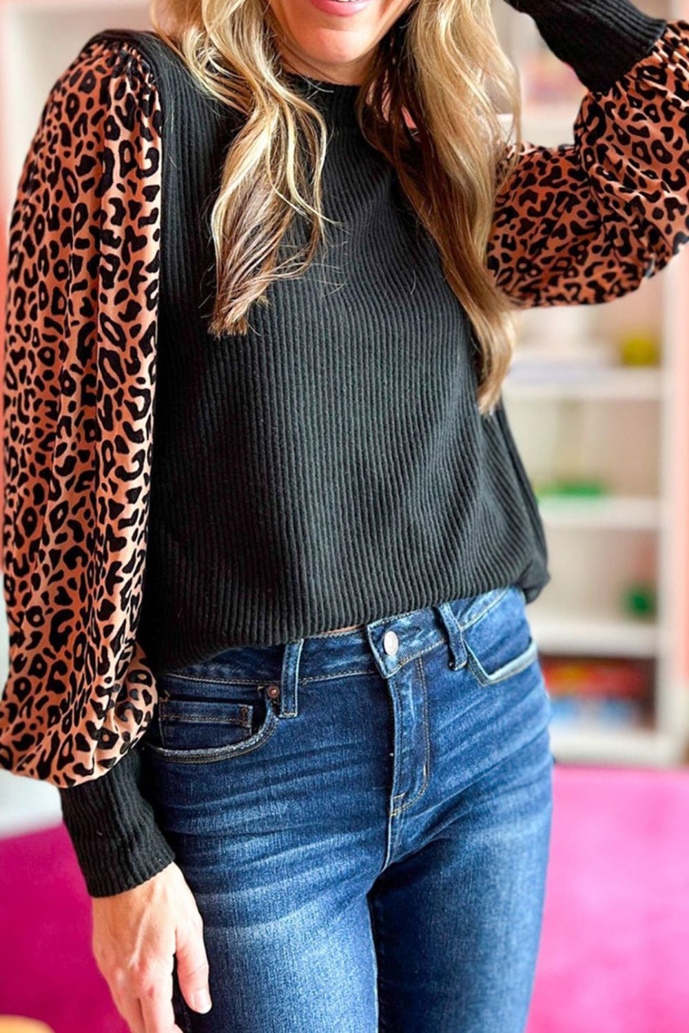 Leopard Print Sleeve Round Neck Blouse - Mervyns