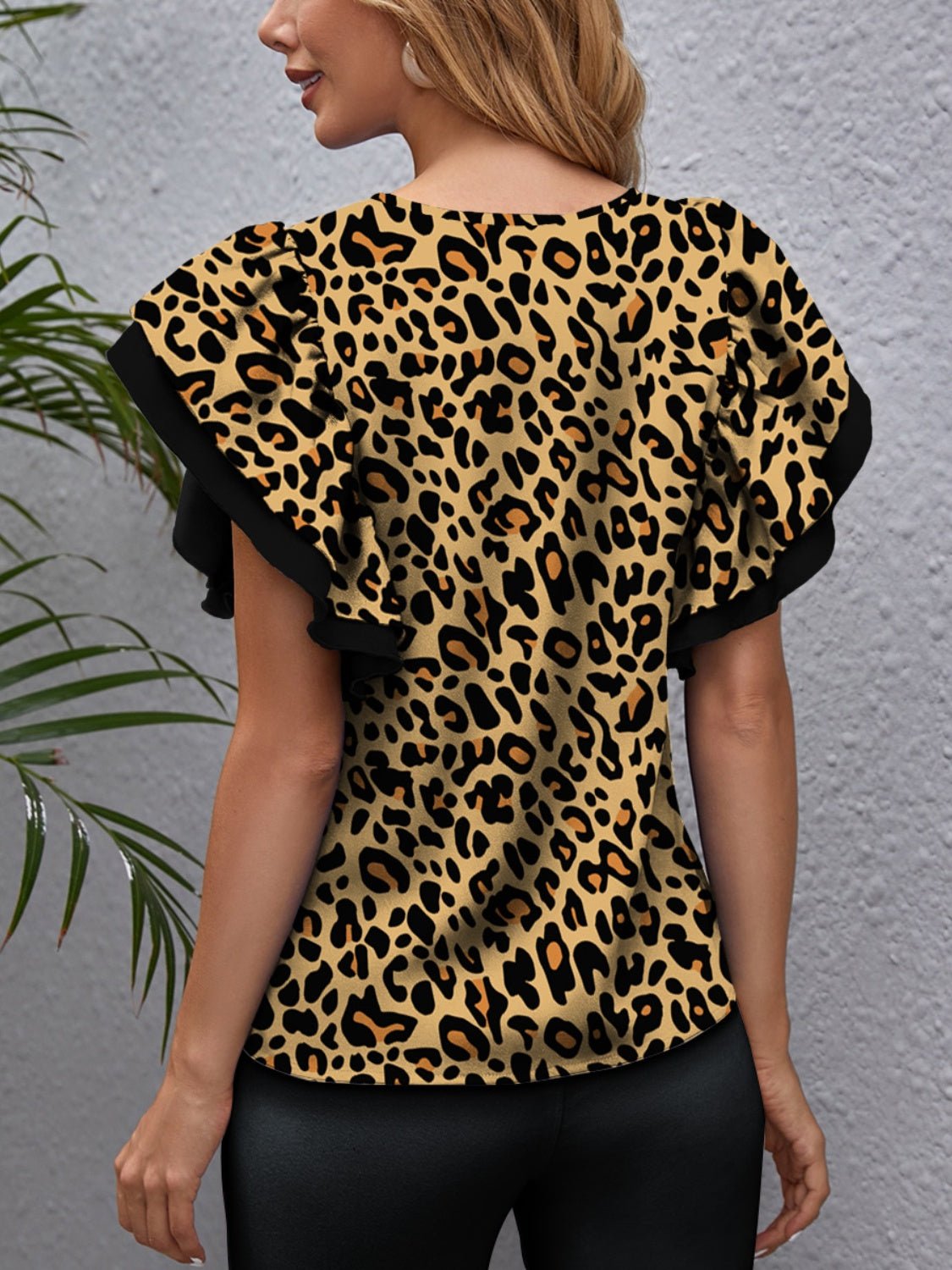 Leopard Round Neck Flounce Sleeve Blouse - Mervyns